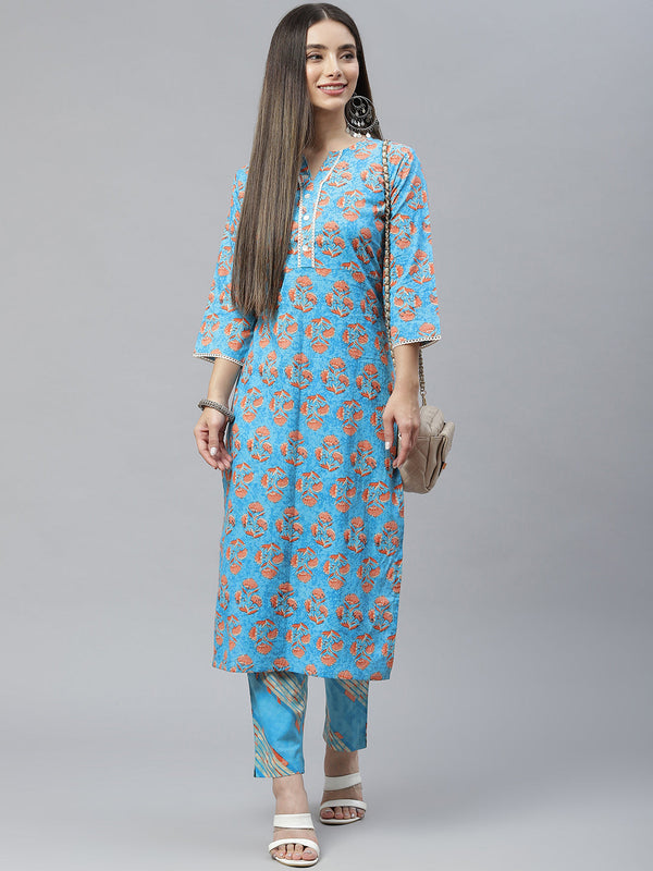 Indibelle Cotton Sky Blue Floral Print Straight Kurta set