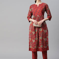 Indibelle Cotton Red Yellow Floral Print Kurta