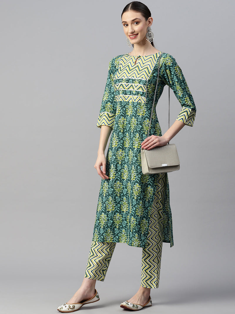 Indibelle Cotton Contrast Yolk Floral Print Kurta (Green)