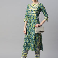 Indibelle Cotton Contrast Yolk Floral Print Kurta (Green)