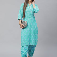 Indibelle Cotton V Neck Floral Print Straight Kurta (Teal)