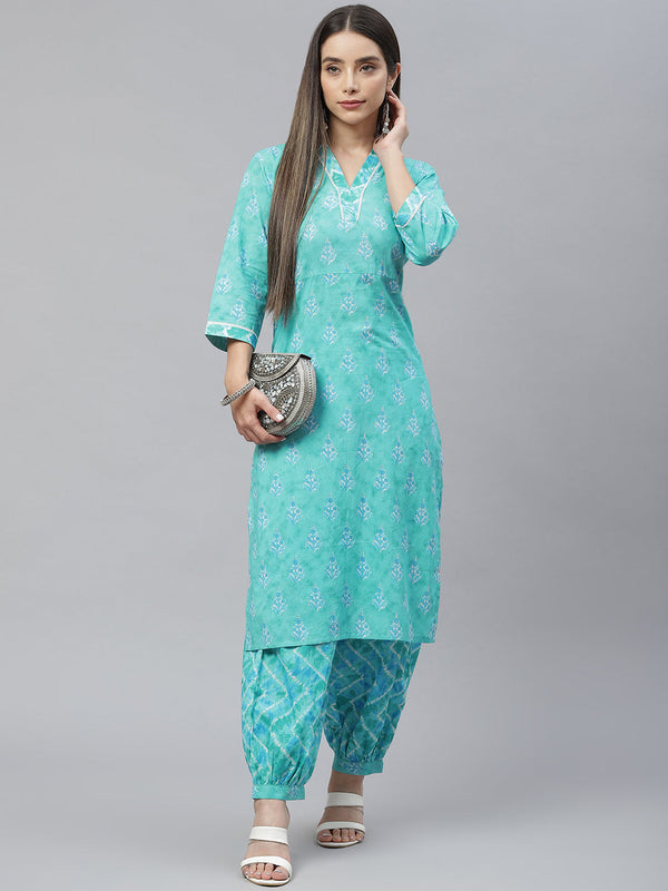 Indibelle Cotton V Neck Floral Print Straight Kurta (Teal)