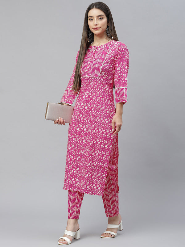 Indibelle Cotton Floral Print Lace Detail Straight Kurta set (Pink)