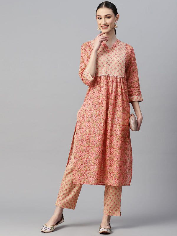 Indibelle Cotton Lurex Peach Pink Floral Print Kurta set