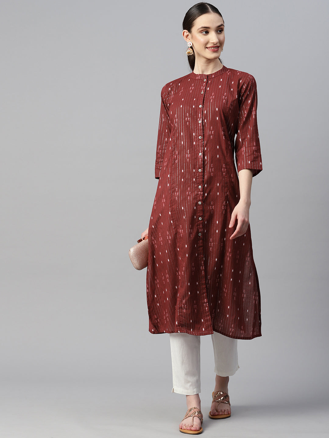 Indibelle Cotton Lurex Maroon Ikat Print A-Line Kurta set