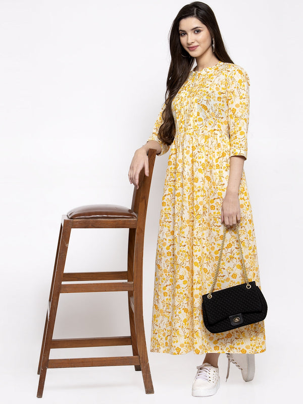 Indibelle cotton yellow floral print yoke pin tacks A-line Kurta