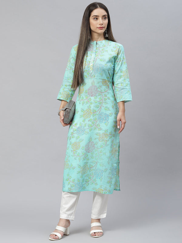 Indibelle Cotton Sea Green Lurex Floral Print Straight Kurta set