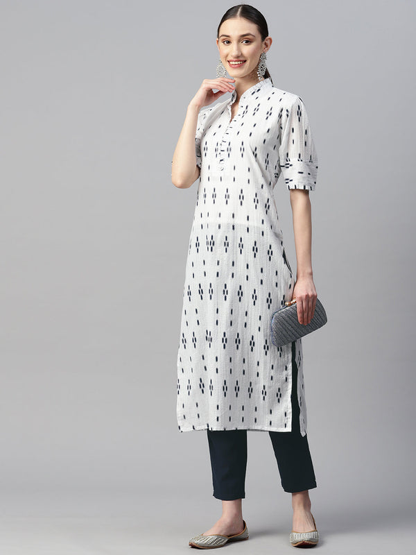 Indibelle Cotton Lurex White Ikat Print Kurta set