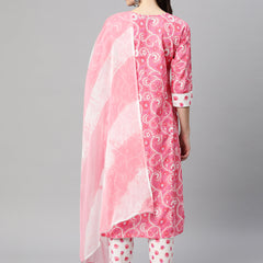 Indibelle Cotton Floral Print Kurta Pant With Dupatta (Pink)