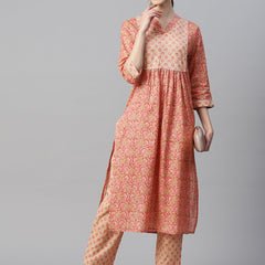 Indibelle Cotton Lurex Peach Pink Floral Print Kurta