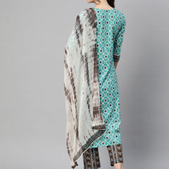 Indibelle Cotton Teal Brown Floral Print Kurta Pant With Dupatta (Teal)