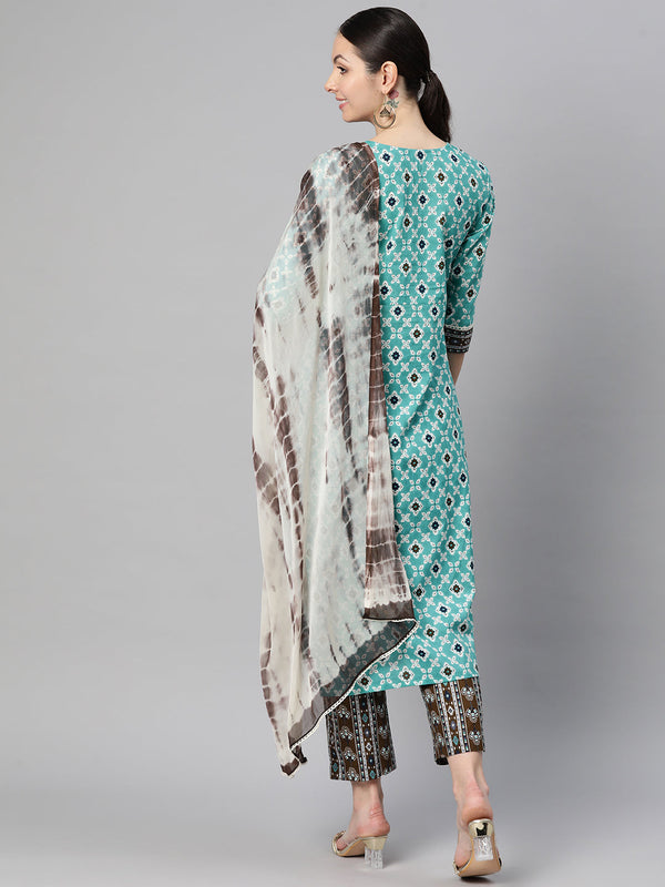 Indibelle Cotton Teal Brown Floral Print Kurta Pant With Dupatta (Teal)