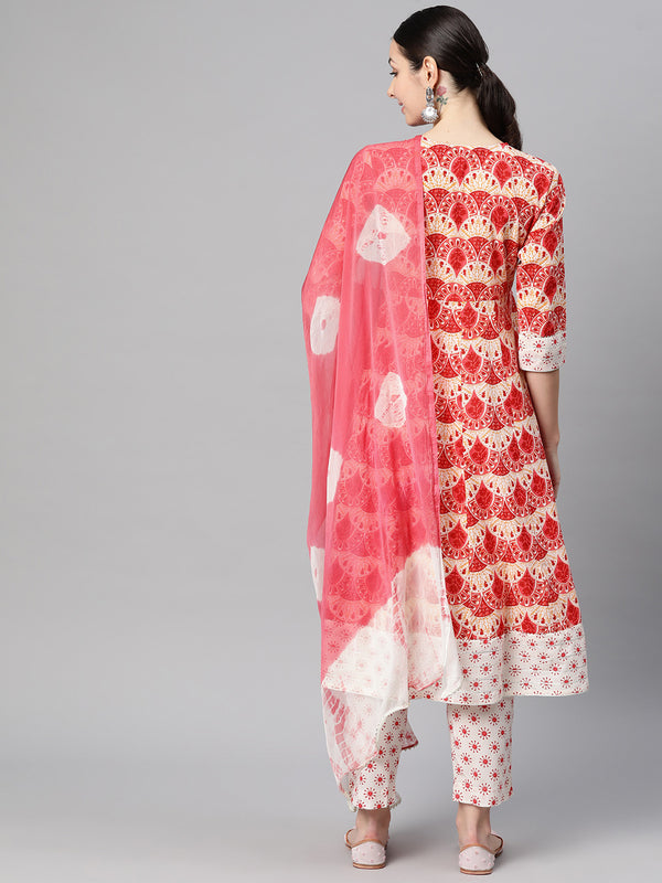 Indibelle Cotton Floral print A-Line Kurta Pant With Dupatta (Peach)