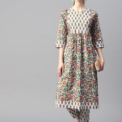 Indibelle Cotton Light Green Floral Print Kurta