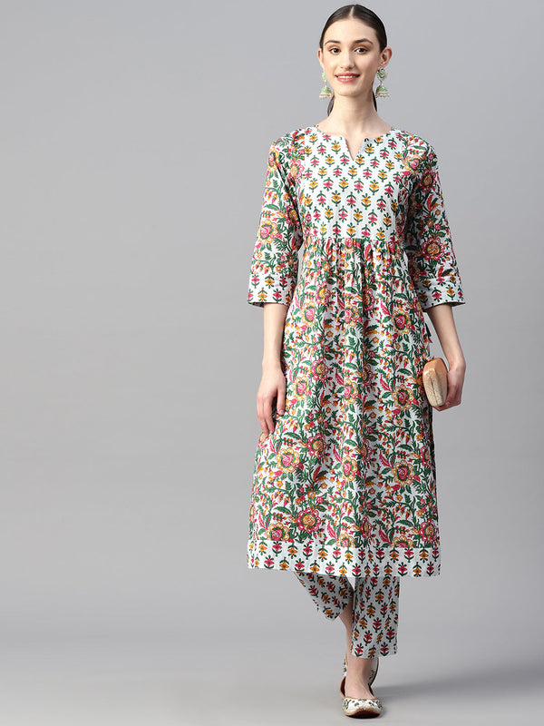 Indibelle Cotton Light Green Floral Print Kurta