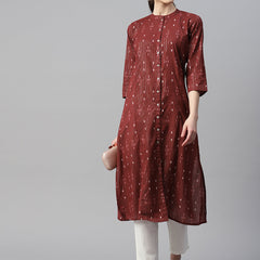 Indibelle Cotton Lurex Maroon Ikat Print A-Line Kurta