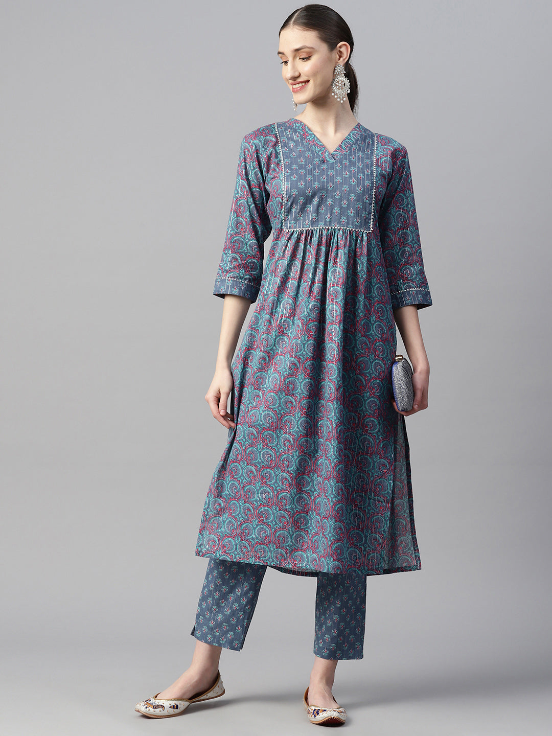 Indibelle Cotton Lurex Blue Pink Floral Print Kurta