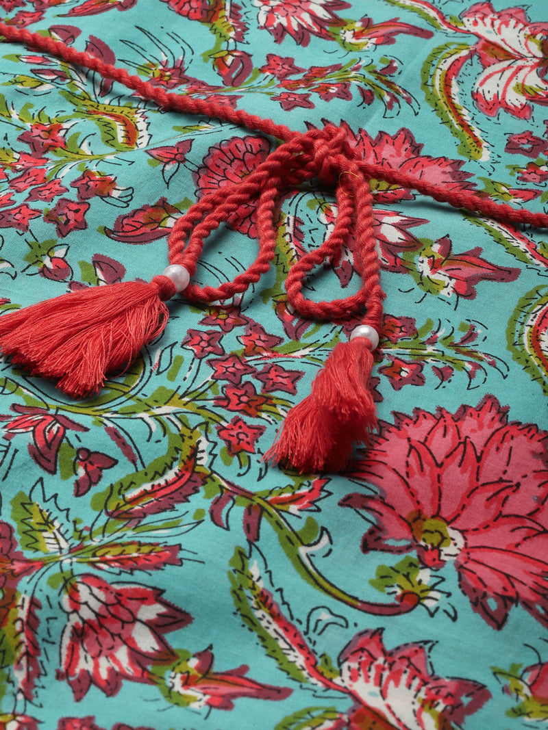Indibelle Cotton Turquoise Blue Floral Print A-Line Dress