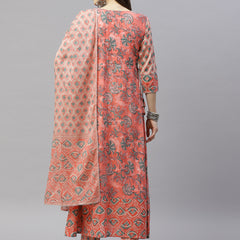 Indibelle Cotton Round Neck Floral Print A-Line Kurta set (Peach)