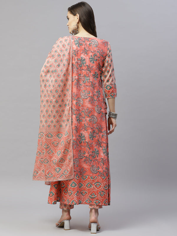 Indibelle Cotton Round Neck Floral Print A-Line Kurta Pant With Dupatta (Peach)
