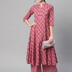 Indibelle Cotton Magenta Floral Print A-Line Kurta 