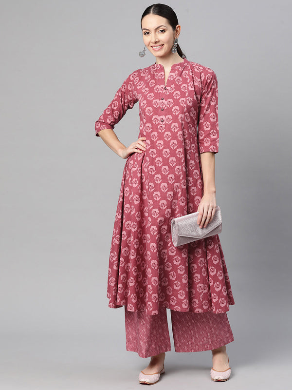 Indibelle Cotton Magenta Floral Print A-Line Kurta 