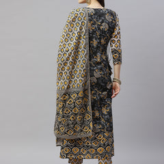 Indibelle Cotton Round Neck Floral Print Length A-Line Kurta Pant With Dupatta (Beige)