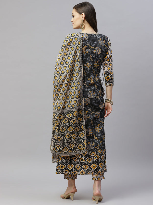 Indibelle Cotton Round Neck Floral Print Length A-Line Kurta Pant With Dupatta (Beige)