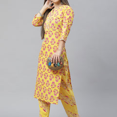 Indibelle Cotton Yellow Floral Print Straight Kurta set