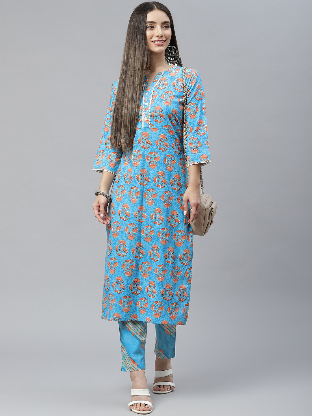 Indibelle Cotton Sky Blue Floral Print Straight Kurta