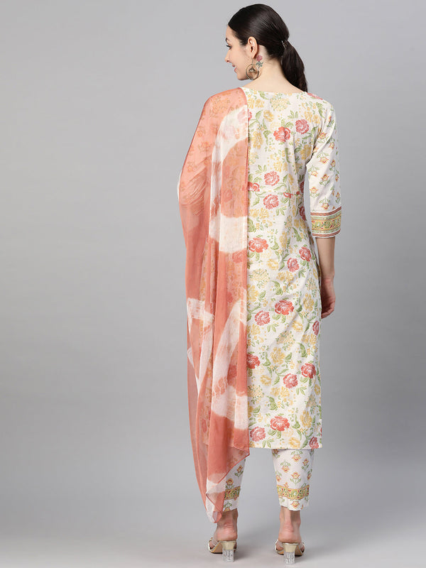 Indibelle Cotton Floral print Straight Kurta Pant With Dupatta (Off White)