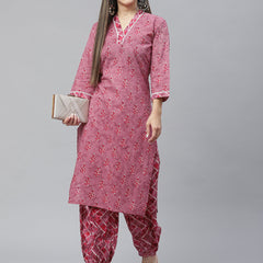 Indibelle Cotton Magenta Floral Print Straight Kurta
