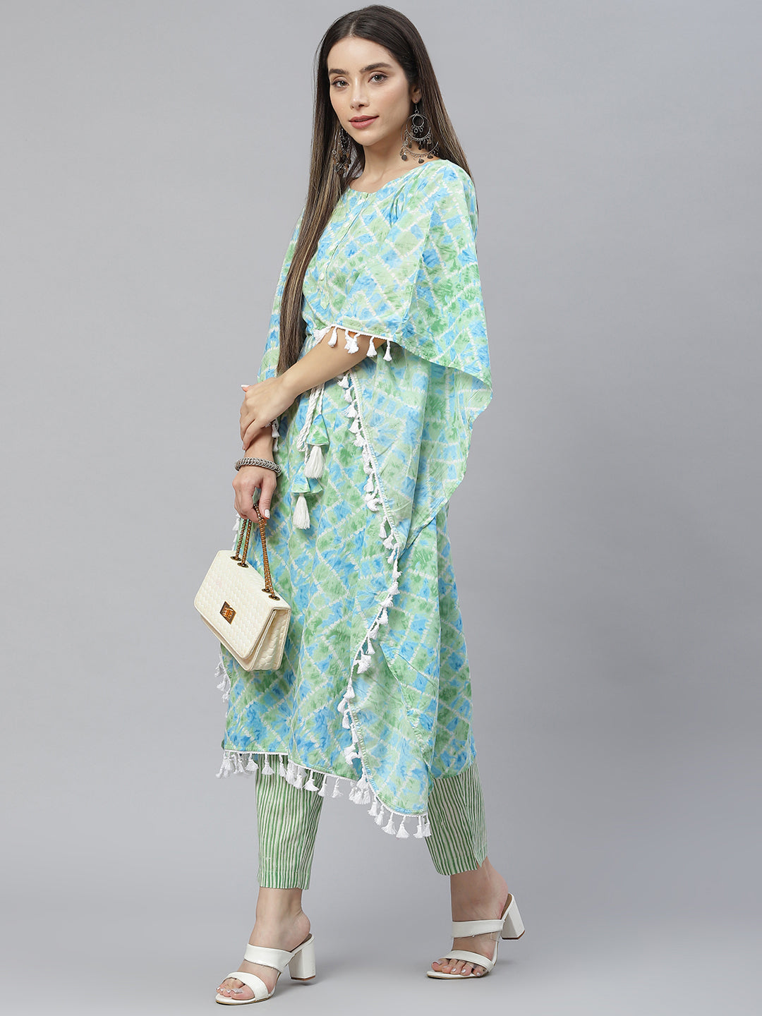 Indibelle Cotton Seagreen Tie Dye Print Kaftan Kurta set