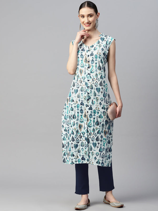 Indibelle Cotton Lurex Teal Abstract Print Kurta