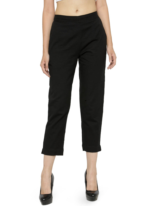 Indibelle Cotton Solid Black Trousers