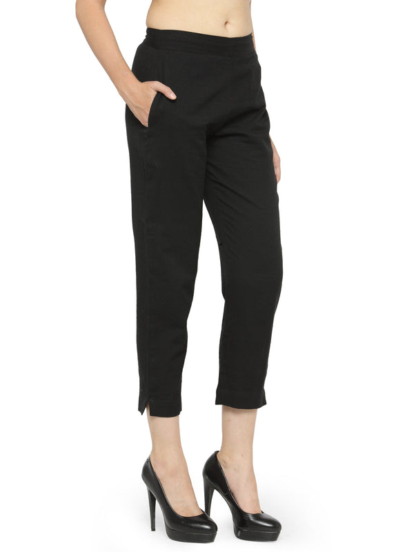 Indibelle Cotton Solid Black Trousers