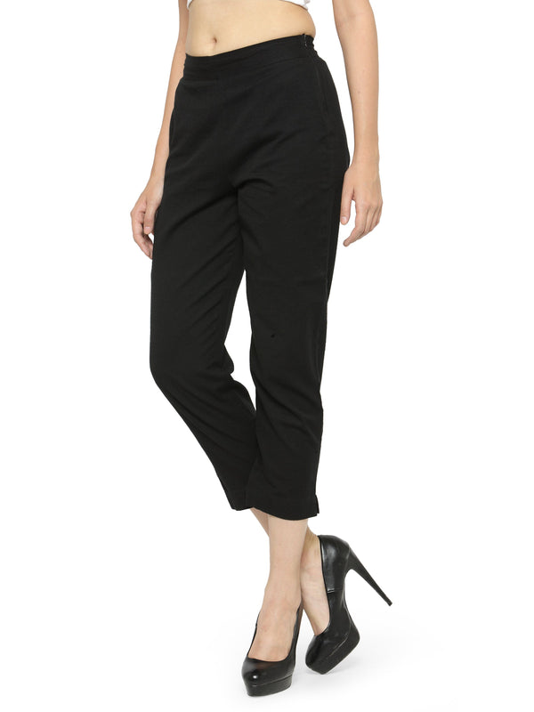 Indibelle Cotton Solid Black Trousers