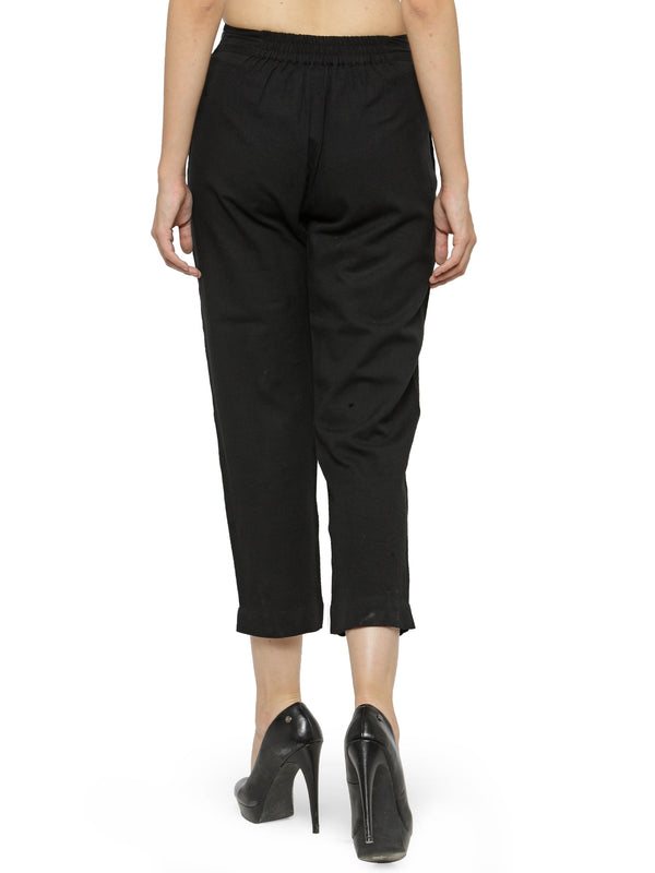 Indibelle Cotton Solid Black Trousers