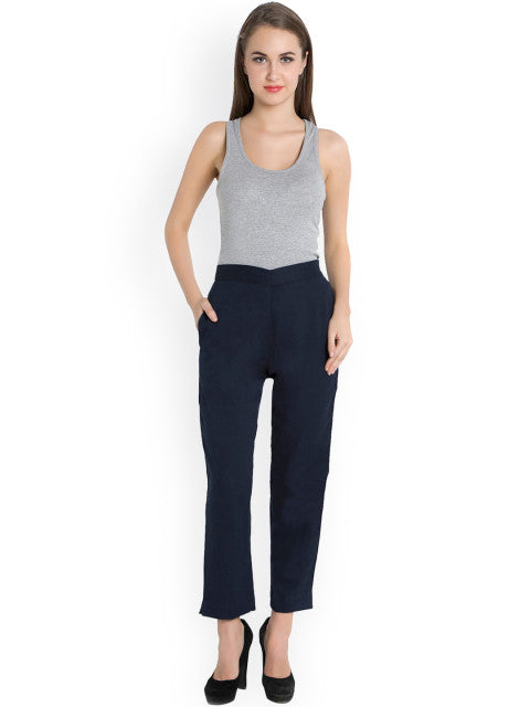 Indibelle Cotton Solid Dark Blue Trousers