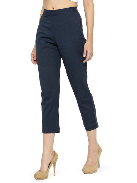 Indibelle Cotton Solid Dark Blue Trousers
