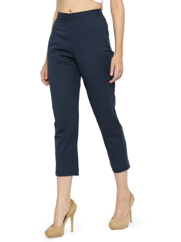 Indibelle Cotton Solid Dark Blue Trousers