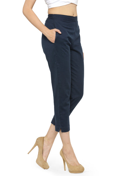 Indibelle Cotton Solid Dark Blue Trousers