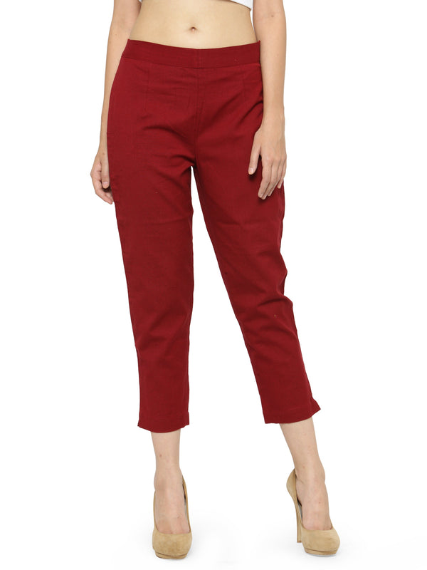 Indibelle Cotton Solid Maroon Trousers