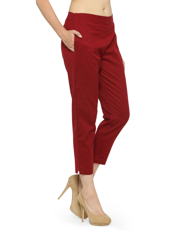 Indibelle Cotton Solid Maroon Trousers