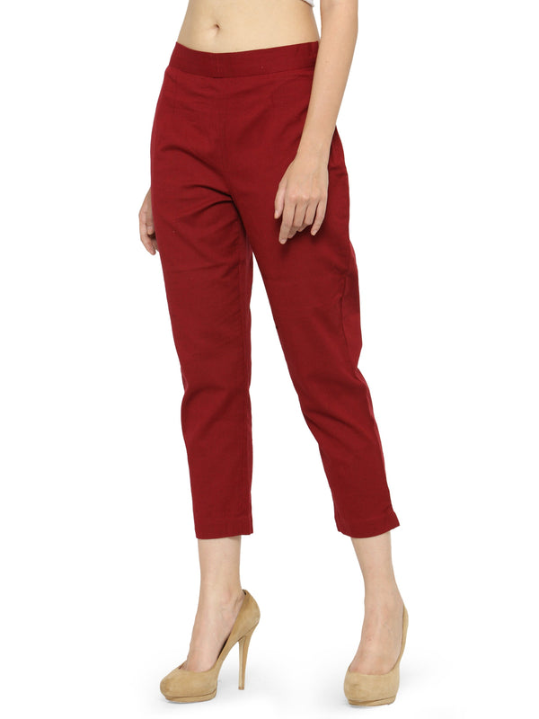 Indibelle Cotton Solid Maroon Trousers