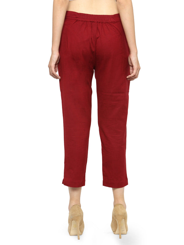 Indibelle Cotton Solid Maroon Trousers