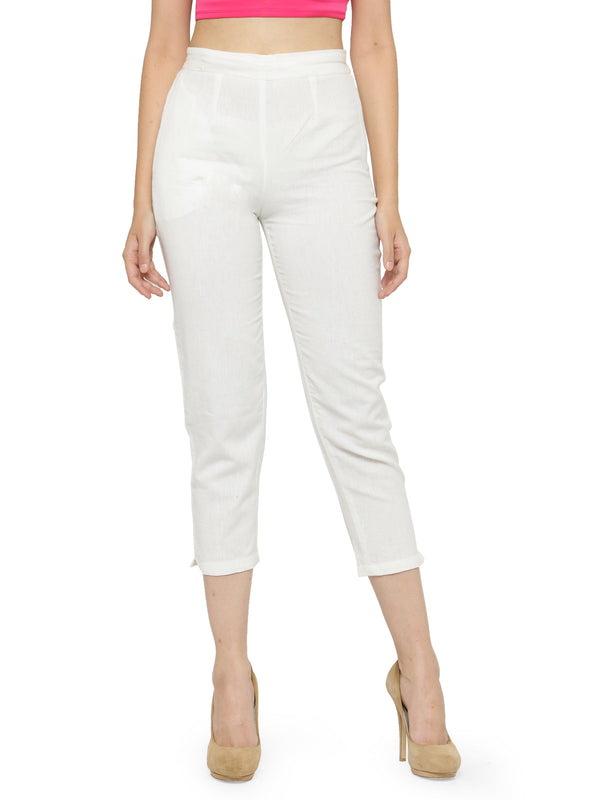 Indibelle Cotton Solid White Trousers