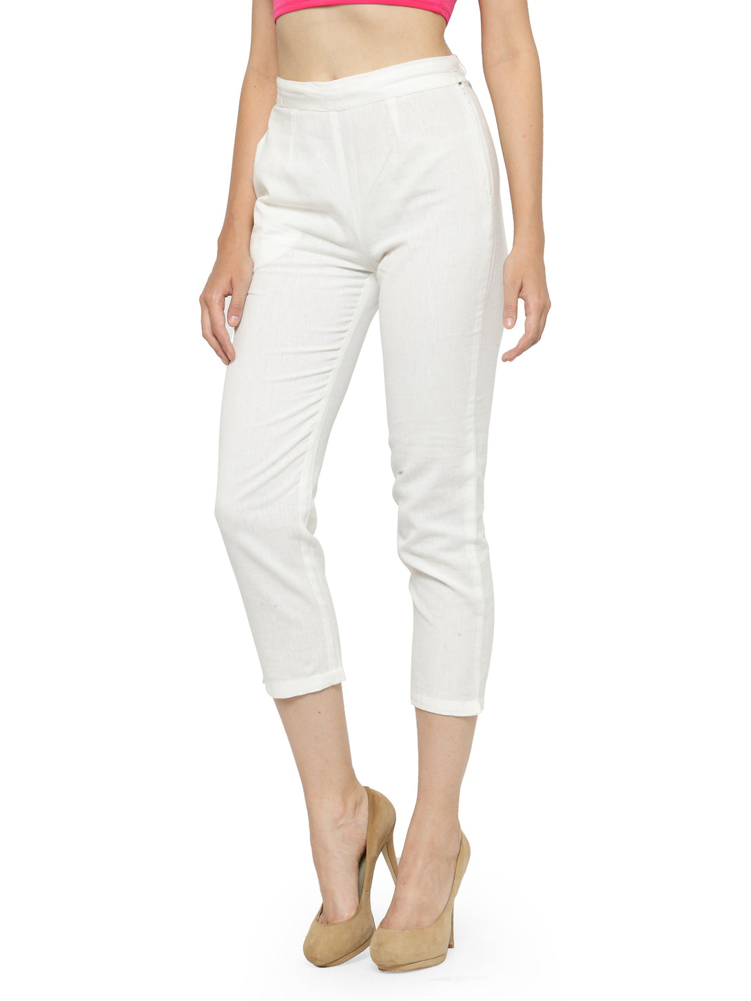 Indibelle Cotton Solid White Trousers