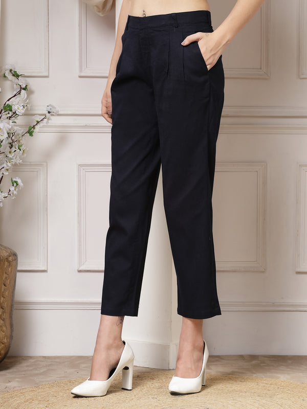 Indibelle Viscose Lycra Premium Straight Fit Trousers (Blue)