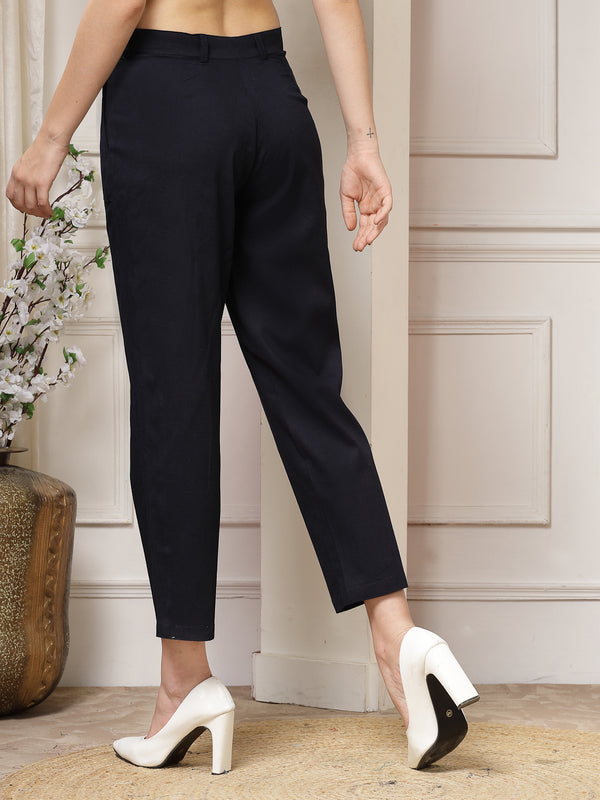 Indibelle Viscose Lycra Premium Straight Fit Trousers (Blue)